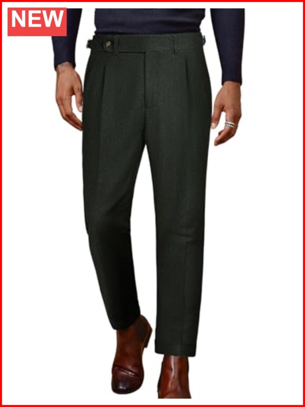 Men's Vintage Herringbone Tweed Pleated Dress Pants Straight Fit